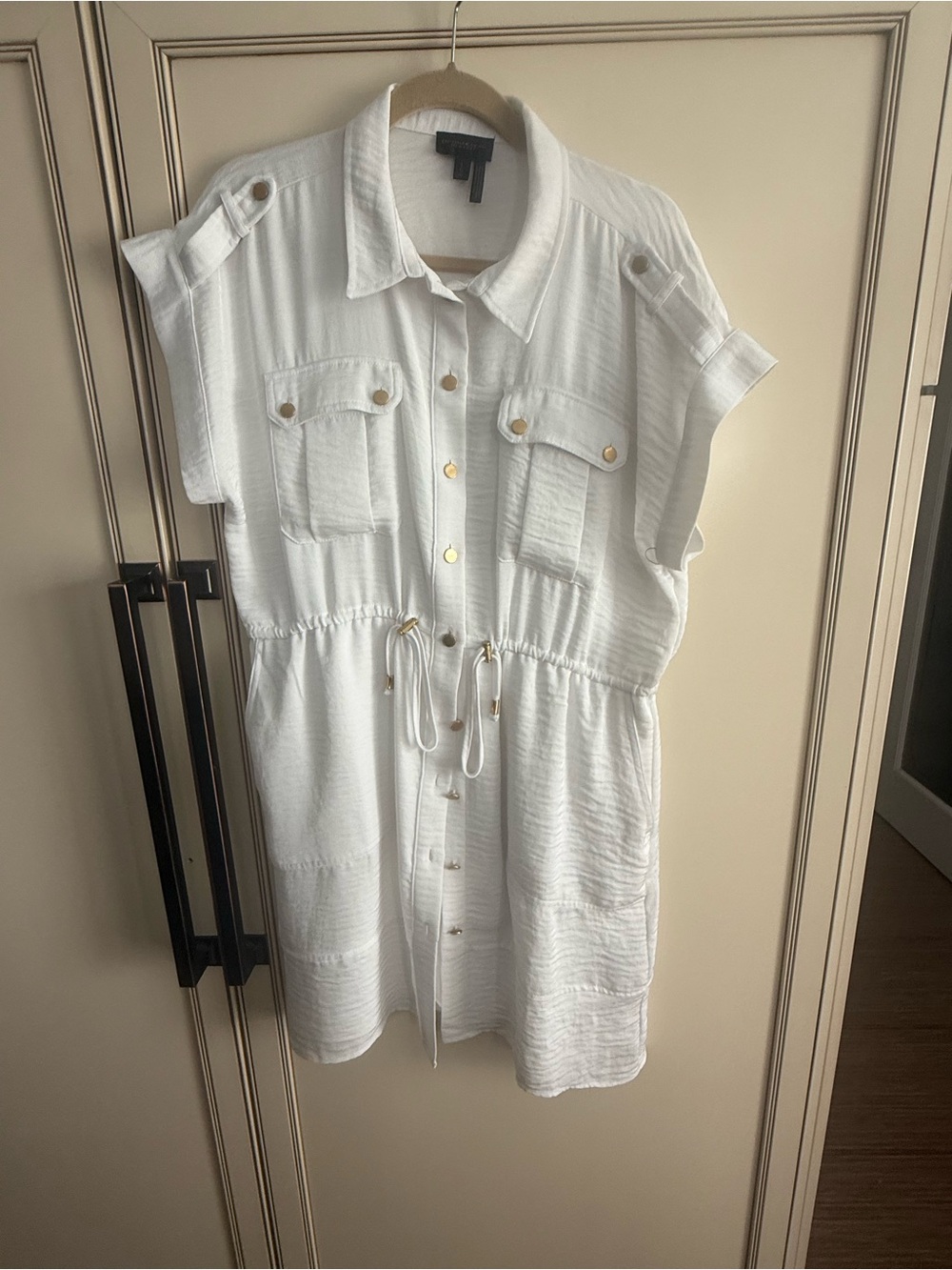 Donna Karan White Button-Front Drawstring Shirt Dress